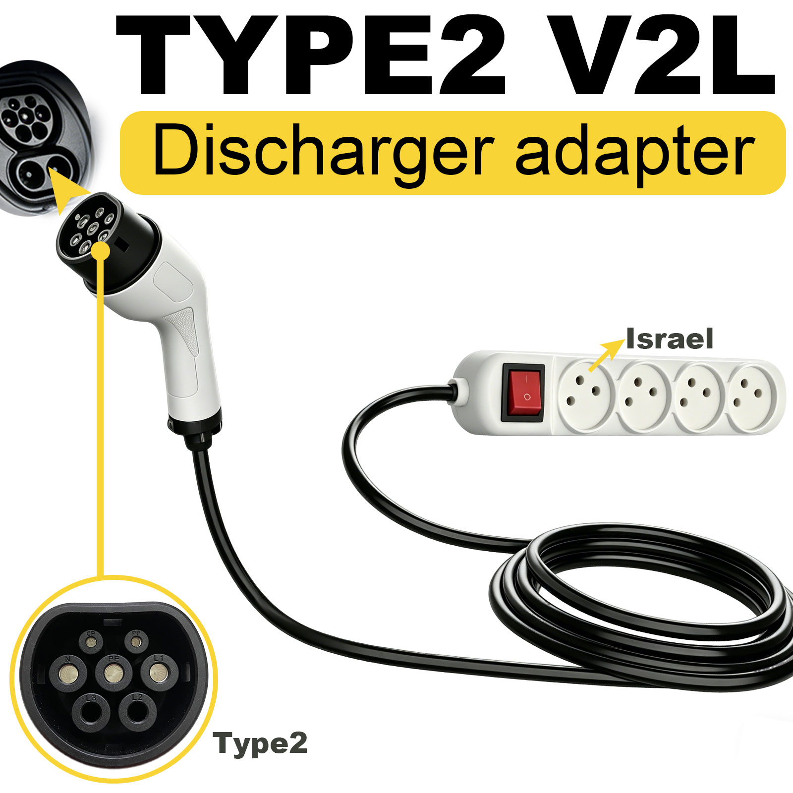 Outdoor Power Adapter - อะแดปเตอร์ปล่อยไฟฟ้า Type2 V2L สำหรับปลั๊กไฟฟ้าอิสราเอล ใช้กับสถานีไฟฟ้ากลางแจ้ง สำหรับรถยนต์ไฟฟ้า
