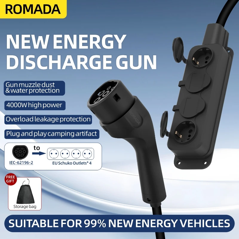 Outdoor Power Adapter - สายชาร์จรถยนต์ไฟฟ้าแบบพกพา 16A 4KW V2L พร้อมปลั๊กจ่ายไฟด้านข้าง รองรับมาตรฐาน